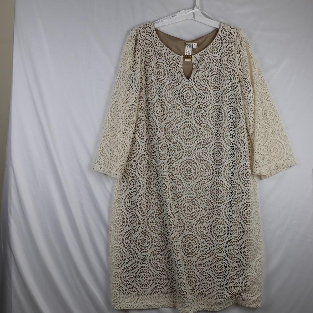 Emme & Michele Dress Womens XL Beige Ivory Lace Overlay 3/4 Sleeve Boho Lined